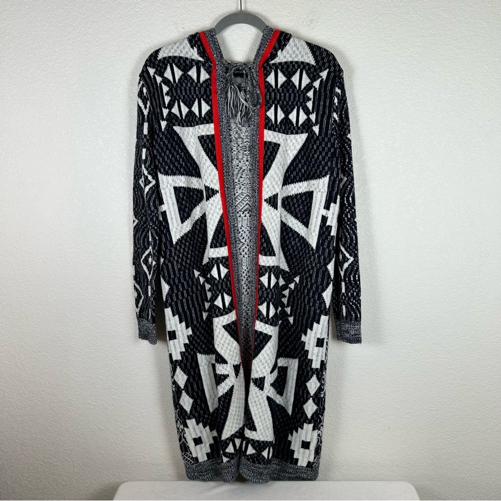 My Michelle Women’s Sz L long line open tie front sweater hood Boho West…